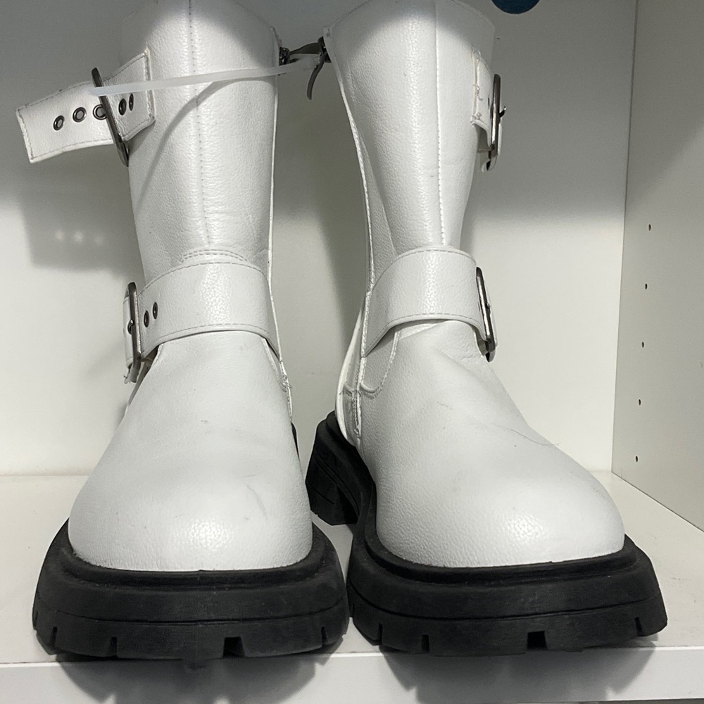White Chunky Sole Combat Boots with Ankle Strap